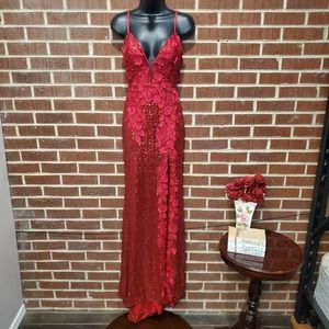 Jovani Red Sequin Floral Appliques Illusion V-Neck Mermaid Prom Gown Dress 0